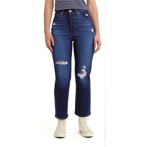 Levi's Women's 26 Ribcage Straight Ankle Denim Jeans Dark Distressed Button Fly - Picture 1 of 7